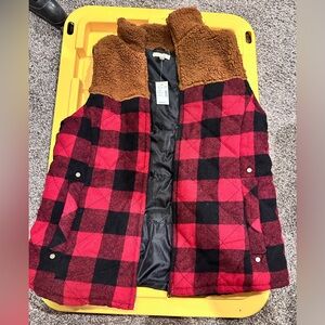 Red and Black Plaid Vest with Brown Collar and upper